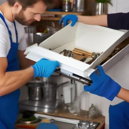 “两人合作拆油烟机”