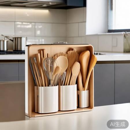 消毒柜里，厨具分门别类